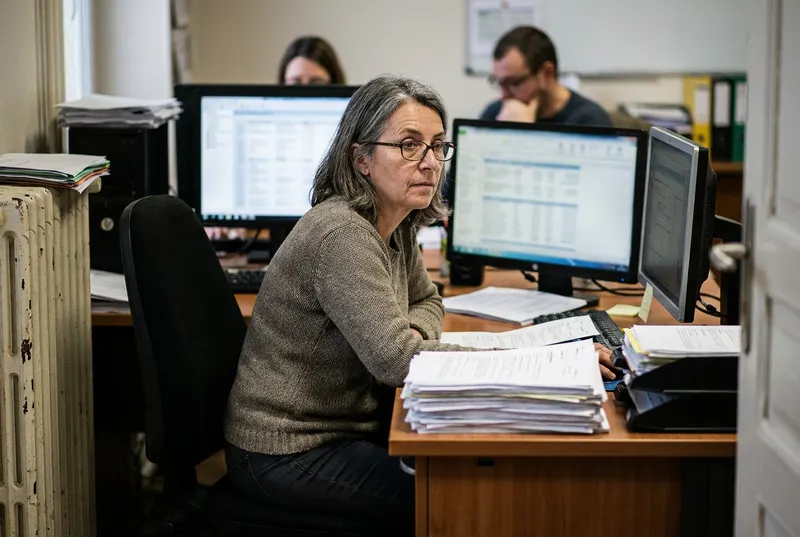 Bureau de comptabilité de PME : deux écrans d’ordinateur et une pile de factures papier sur le bureau.